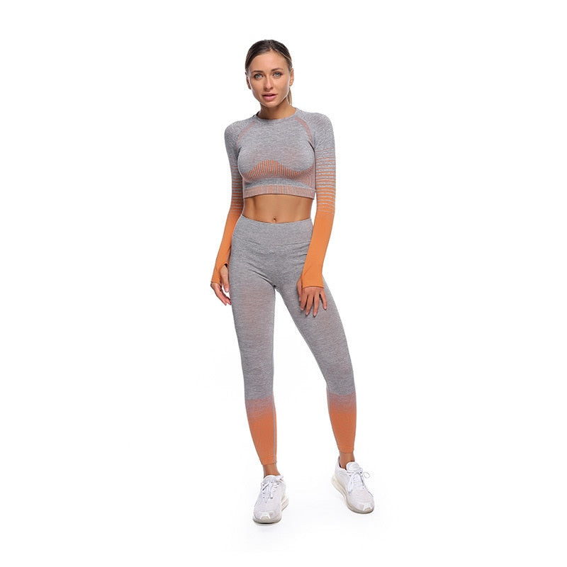 Women Seamless Yoga Sets Fitness Gym Wear Long Sleeve Shirts High Waist Running Leggings - KiwisLove