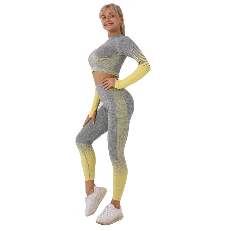 Women Seamless Yoga Sets Fitness Gym Wear Long Sleeve Shirts High Waist Running Leggings - KiwisLove