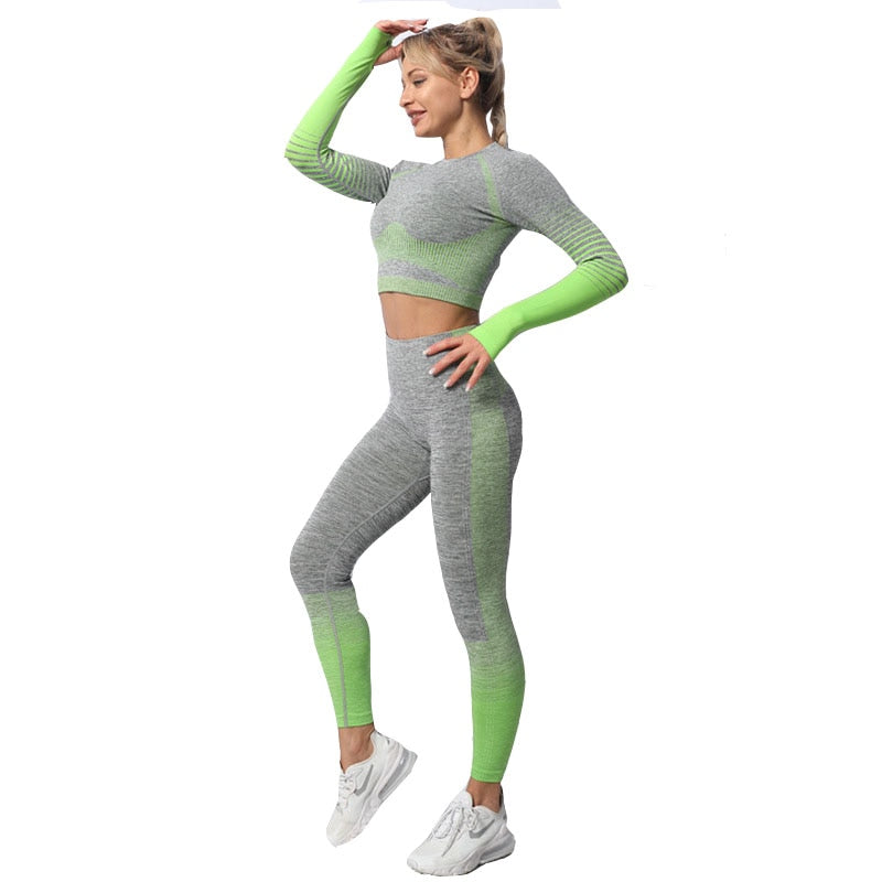 Women Seamless Yoga Sets Fitness Gym Wear Long Sleeve Shirts High Waist Running Leggings - KiwisLove