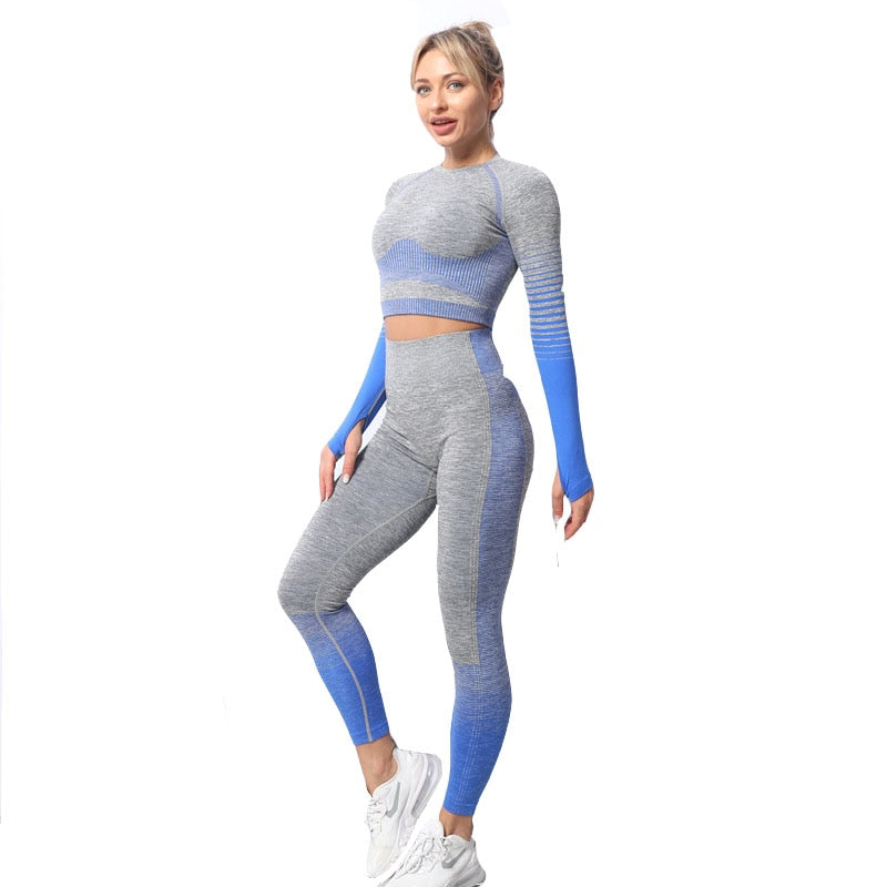 Women Seamless Yoga Sets Fitness Gym Wear Long Sleeve Shirts High Waist Running Leggings - KiwisLove