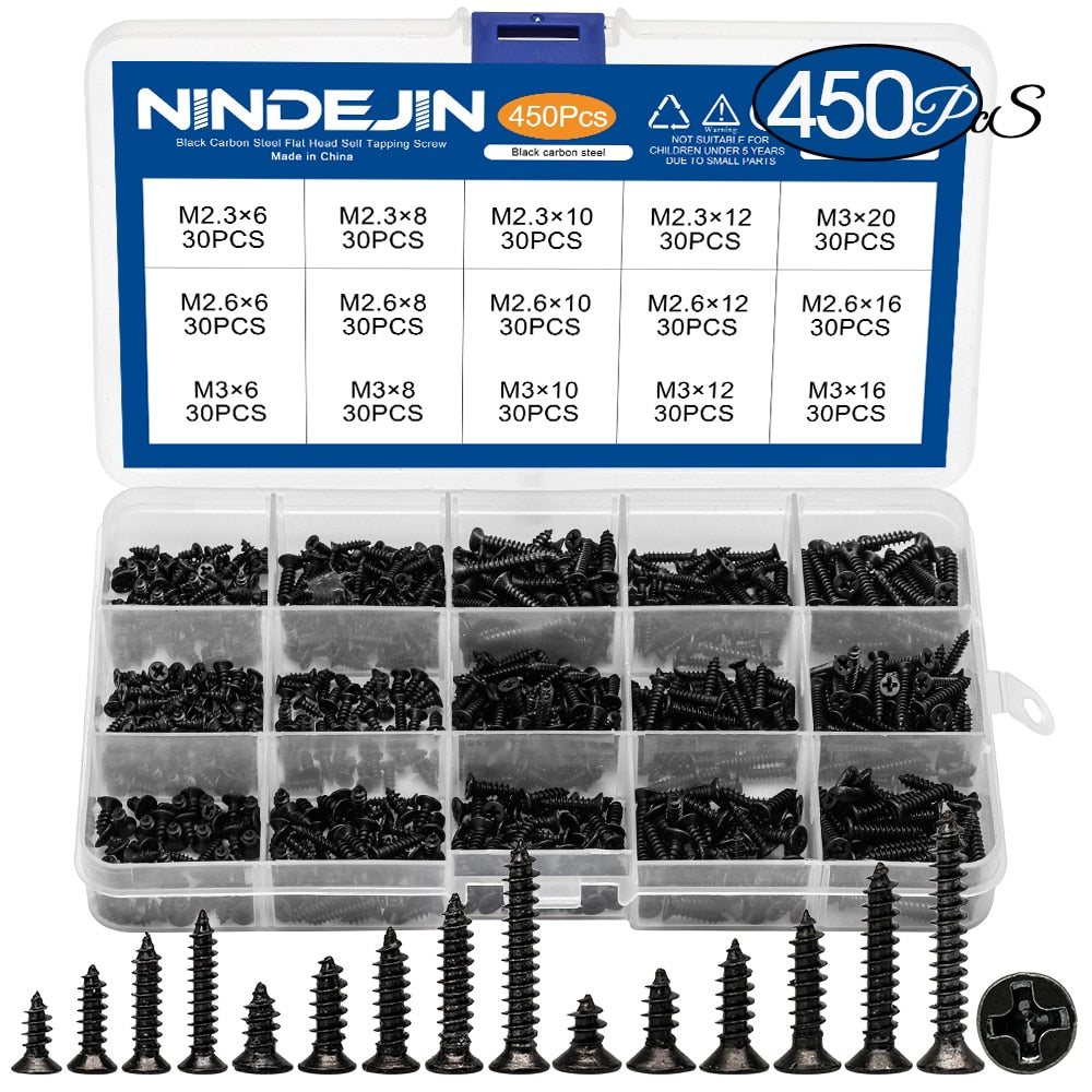 450pcs Black plated Countersunk flat head tapping screws with cross recessed - KiwisLove
