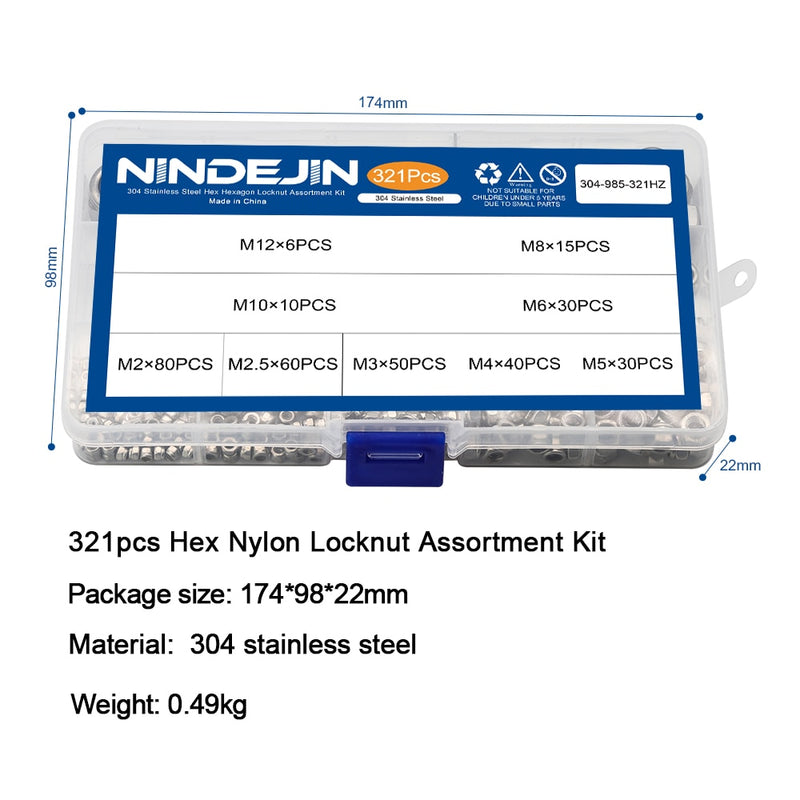 NINDEJIN 321pcs Nylon Lock Nut set 304 Stainless Steel Hex Hexagon - KiwisLove