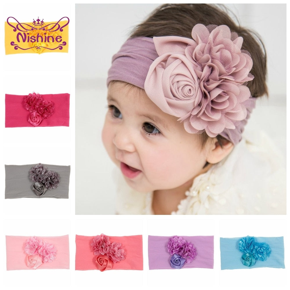 Soft Stretch Satin Rose Flower Baby Headband Newborn Knot Wide Nylon Headwraps T - KiwisLove