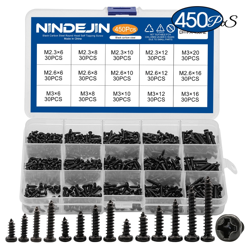 450pcs Black Plated Round Pan Head Tapping Screws Set laptop computer - KiwisLove