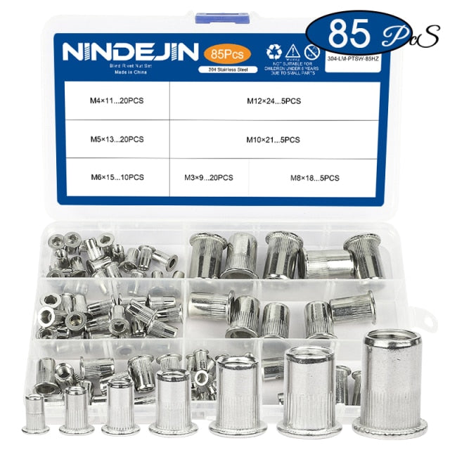 NINDEJIN 85 pcs Blind Rivet Nut Rivnut Flat Head Threaded Insert Nut Kit - KiwisLove