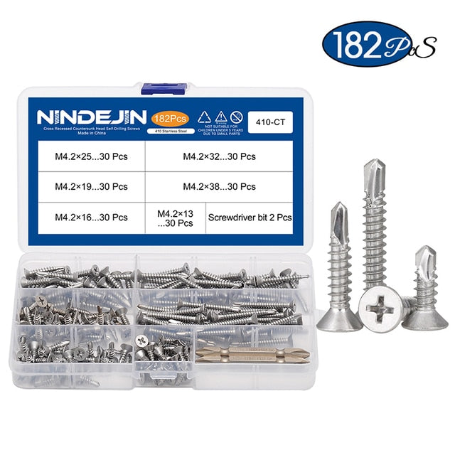 182pcs self drilling tapping screw kit 410 stainless steel  with screwdriver - KiwisLove