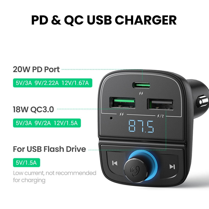 UGREEN Quick Charge 4.0 Car Charger for Phone FM Transmitter Bluetooth Car Kit Audio MP3 Player Fast Dual USB Car Phone Charger - KiwisLove