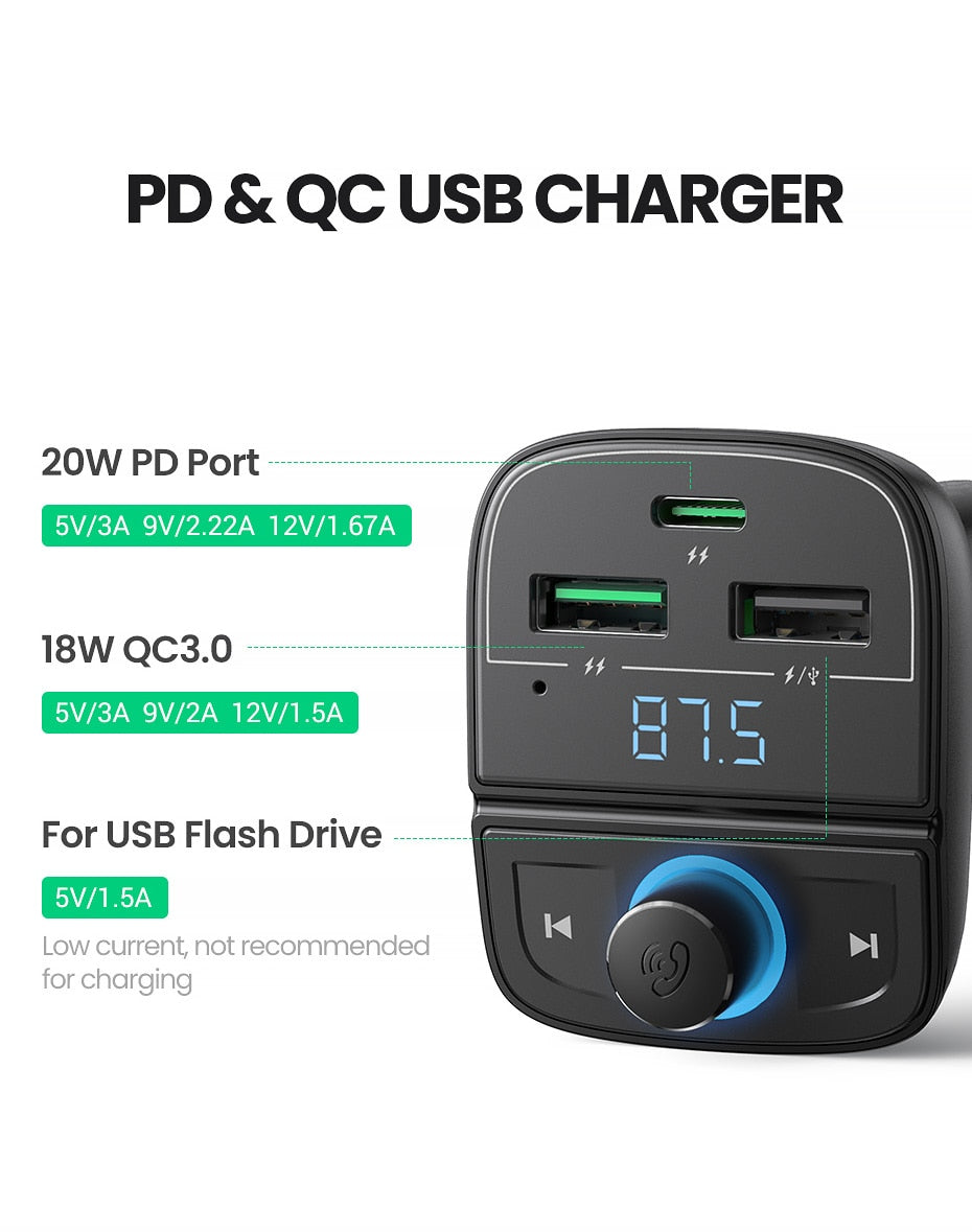 UGREEN Quick Charge 4.0 Car Charger for Phone FM Transmitter Bluetooth Car Kit Audio MP3 Player Fast Dual USB Car Phone Charger - KiwisLove
