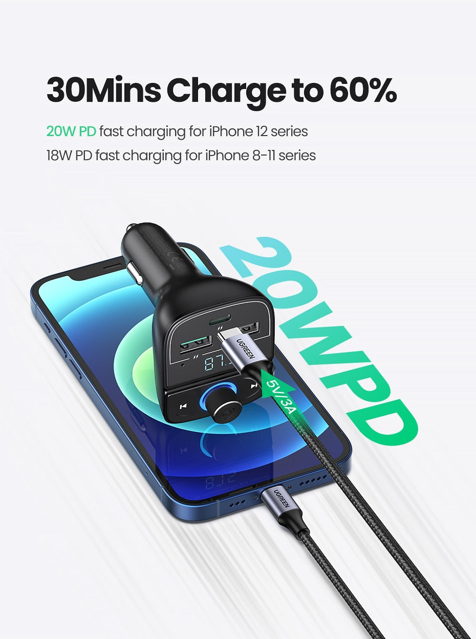 UGREEN Quick Charge 4.0 Car Charger for Phone FM Transmitter Bluetooth Car Kit Audio MP3 Player Fast Dual USB Car Phone Charger - KiwisLove
