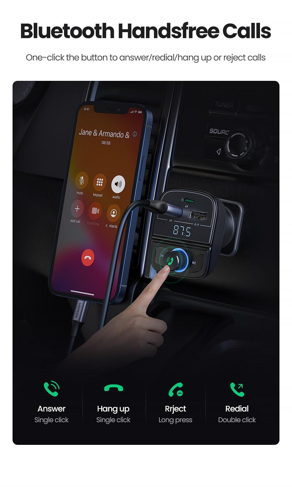 UGREEN Quick Charge 4.0 Car Charger for Phone FM Transmitter Bluetooth Car Kit Audio MP3 Player Fast Dual USB Car Phone Charger - KiwisLove