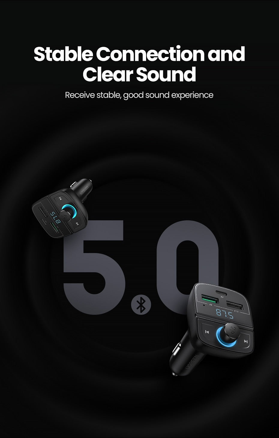 UGREEN Quick Charge 4.0 Car Charger for Phone FM Transmitter Bluetooth Car Kit Audio MP3 Player Fast Dual USB Car Phone Charger - KiwisLove