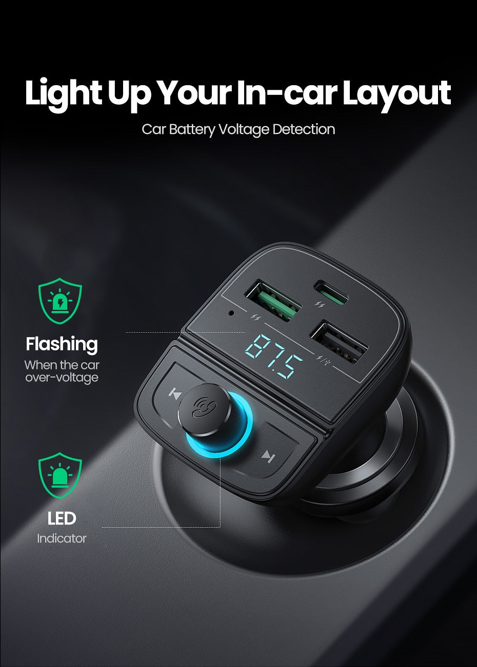 UGREEN Quick Charge 4.0 Car Charger for Phone FM Transmitter Bluetooth Car Kit Audio MP3 Player Fast Dual USB Car Phone Charger - KiwisLove