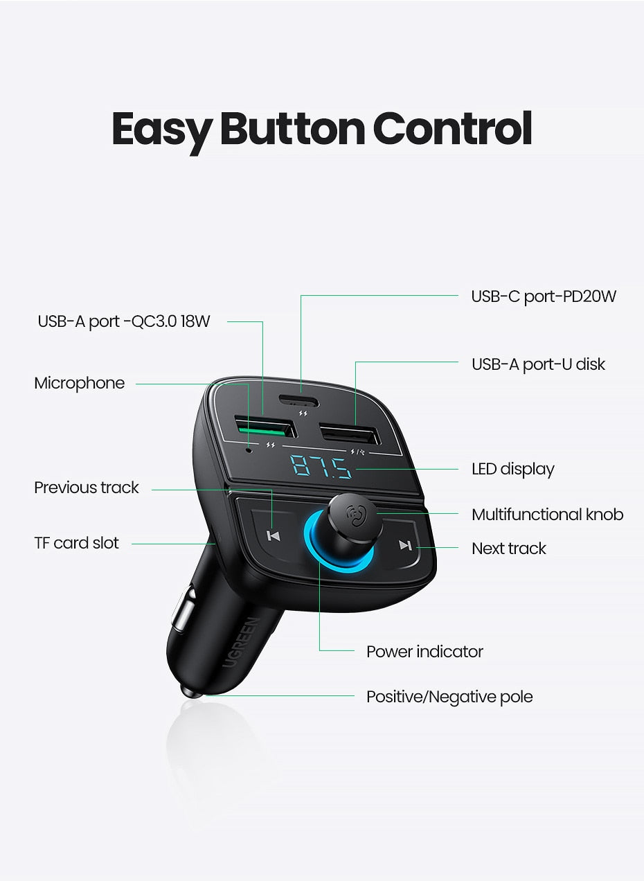 UGREEN Quick Charge 4.0 Car Charger for Phone FM Transmitter Bluetooth Car Kit Audio MP3 Player Fast Dual USB Car Phone Charger - KiwisLove