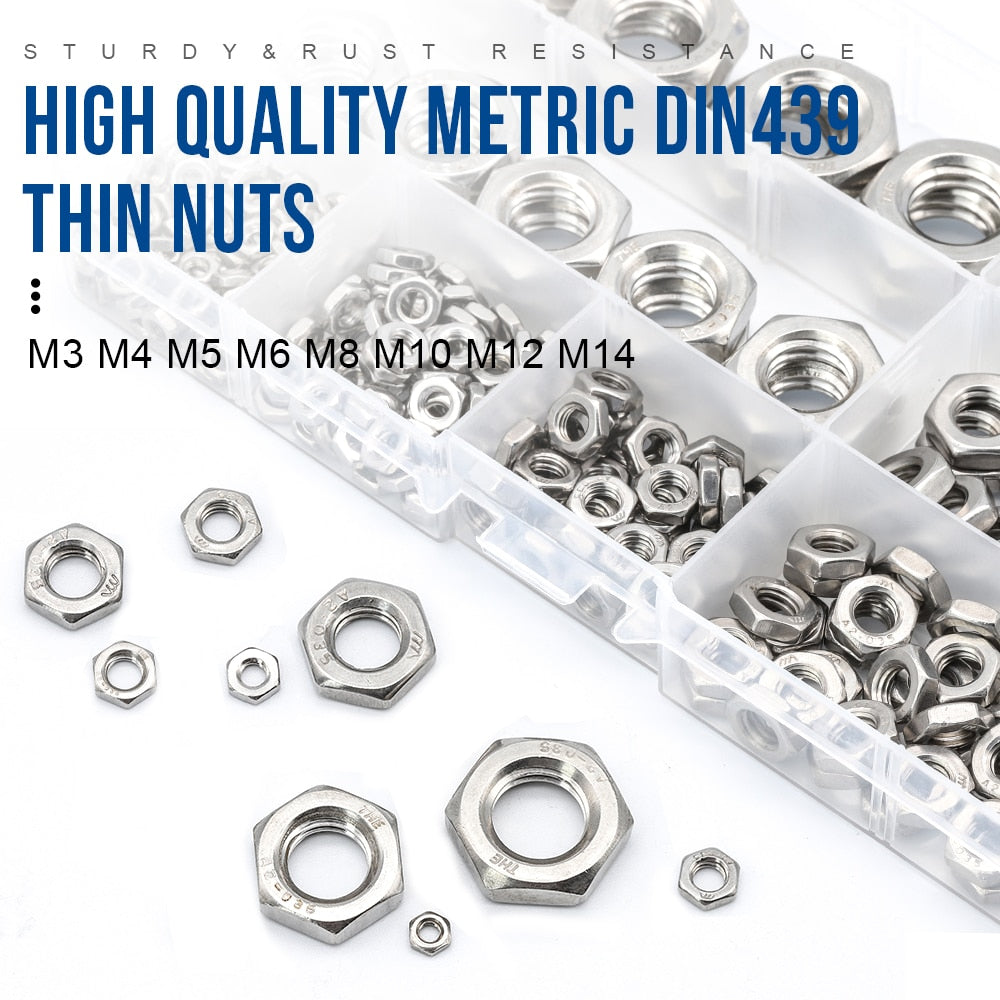 288pcs Hex Hexagon Thin Nuts Assortment Kit  Metric DIN439 Hex Thin Nut - KiwisLove