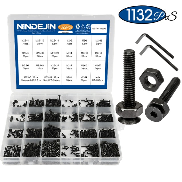 1322pcs/set hex hexagon socket head cap screw nut kit carbon steel round flat head - KiwisLove