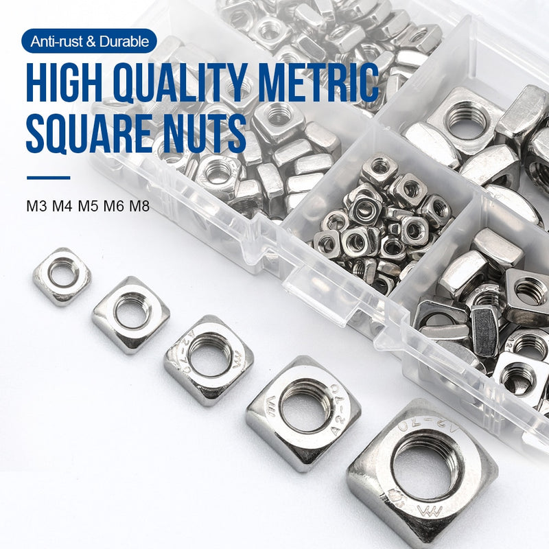 185pcs Square Nuts Assortment Kit A2 Stainless Steel Metric Square Nuts - KiwisLove