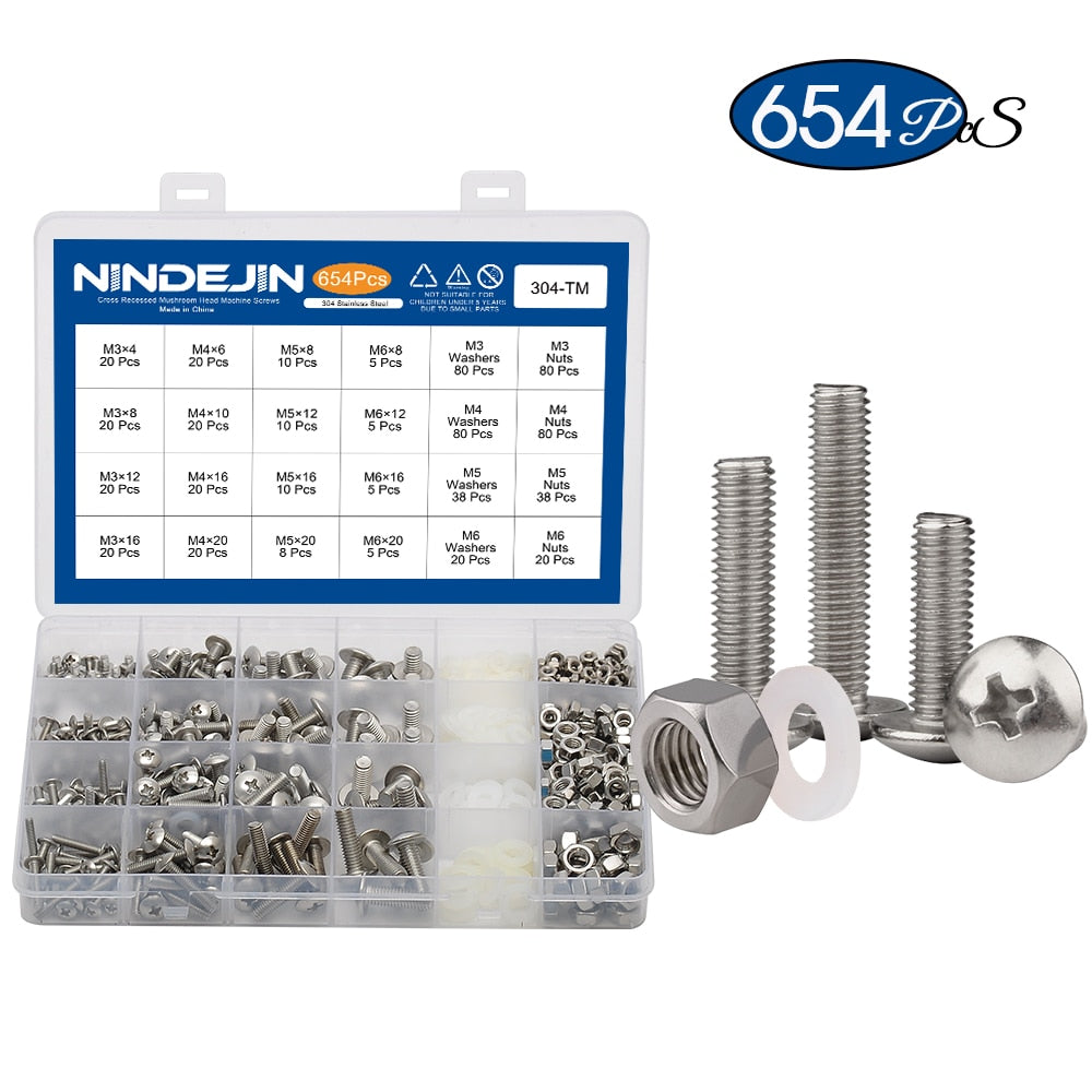 654pcs Cross recessed truss mushroom head machine screw + nut washer - KiwisLove