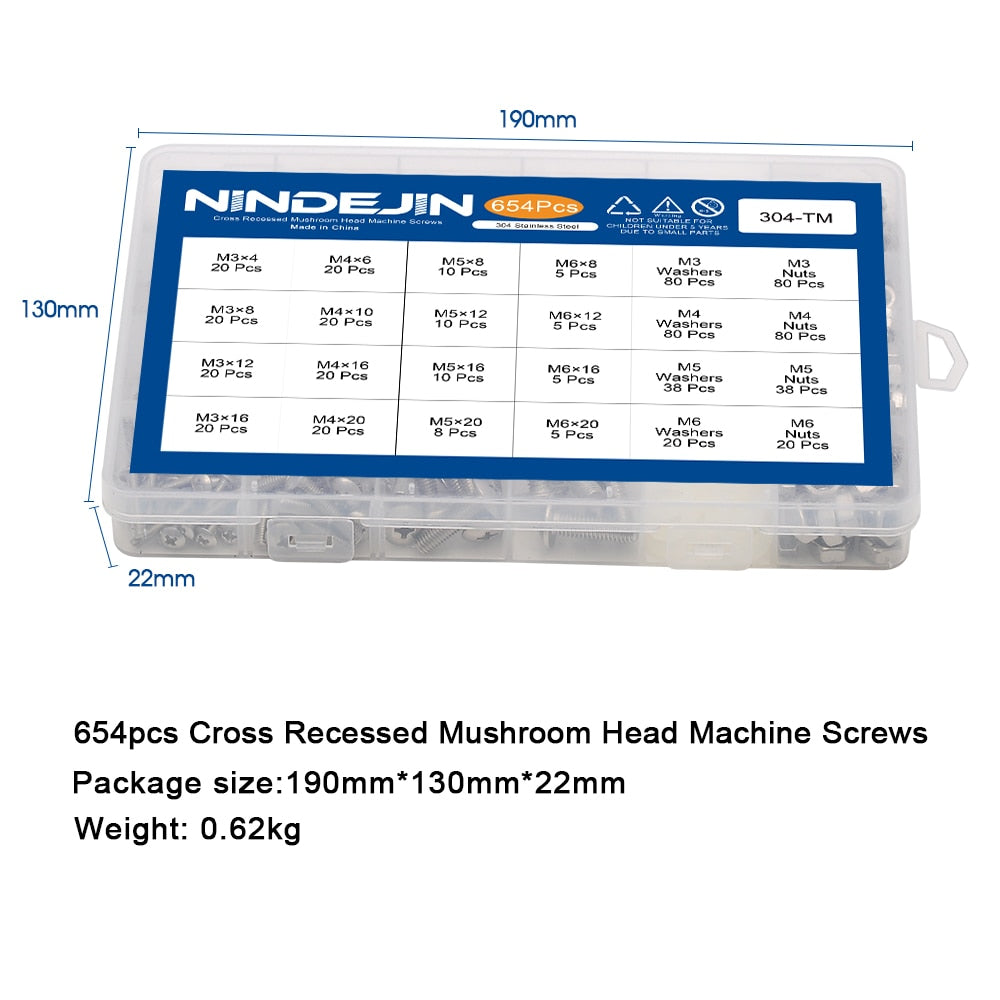 654pcs Cross recessed truss mushroom head machine screw + nut washer - KiwisLove