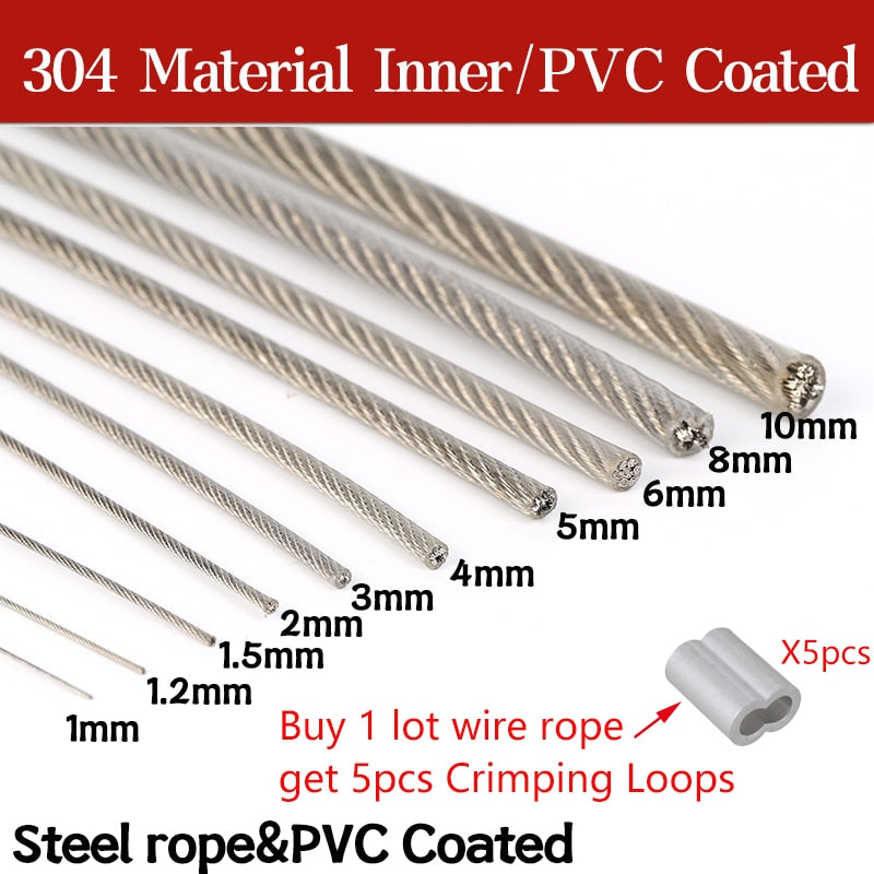 304 Stainless Steel PVC Coated Wire Rope Cable Transparent +5 pcs loops - KiwisLove