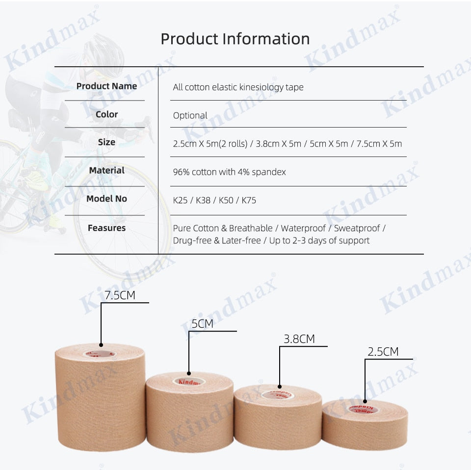 5 Size Kindmax 100% Cotton Elastic Kinesiology Tape Sport Physiotherapy Recovery Bandage for Running Knee Muscle Protector - KiwisLove
