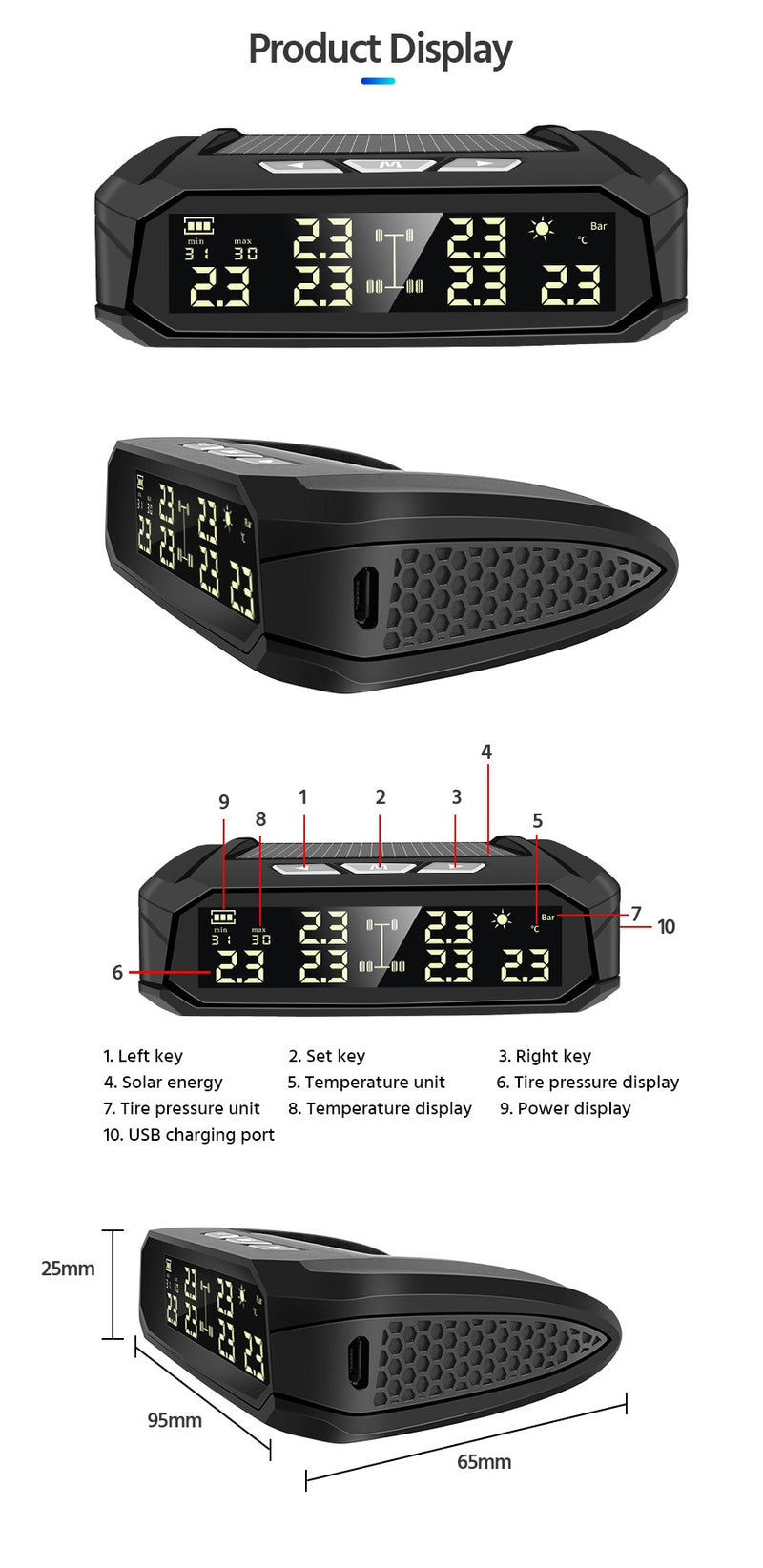 TPMS Tire Pressure Monitoring  Display Alarm Monitoring USB Charging Temperature Alert With 6 Sensors - KiwisLove