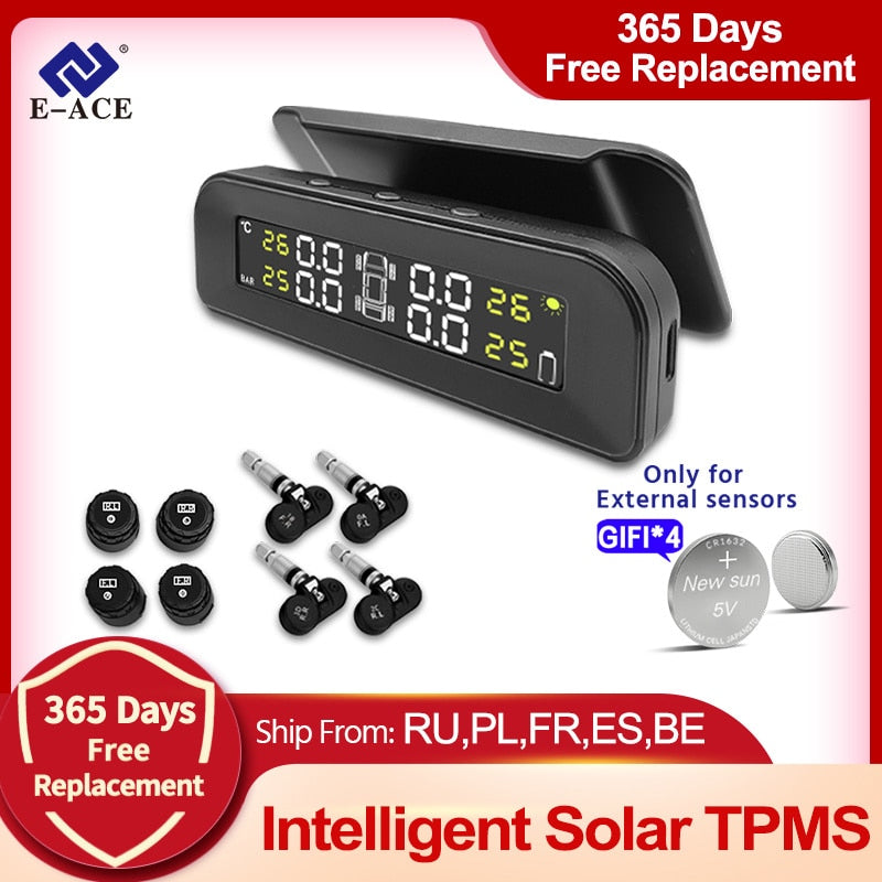 TPMS Tire Monitoring Pressure Display auto Alarm Monitor Solar Power Charging Temperature Warning with 4 sensors - KiwisLove