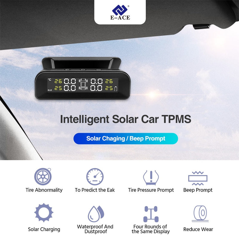 TPMS Tire Monitoring Pressure Display auto Alarm Monitor Solar Power Charging Temperature Warning with 4 sensors - KiwisLove
