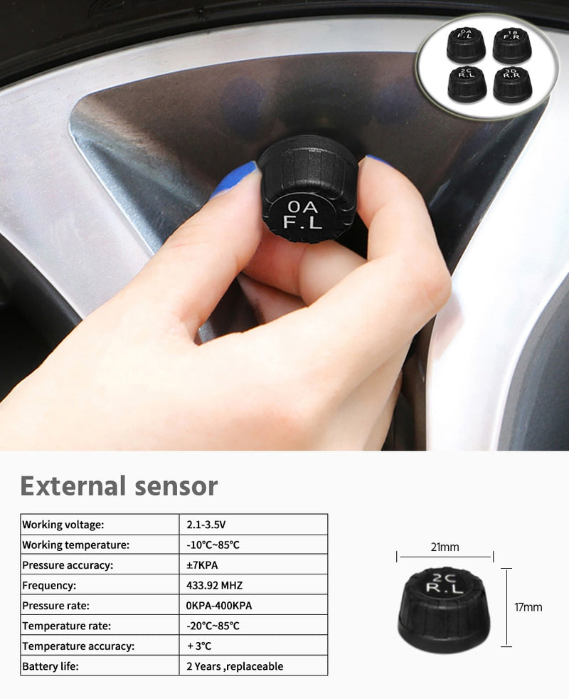 TPMS Tire Monitoring Pressure Display auto Alarm Monitor Solar Power Charging Temperature Warning with 4 sensors - KiwisLove