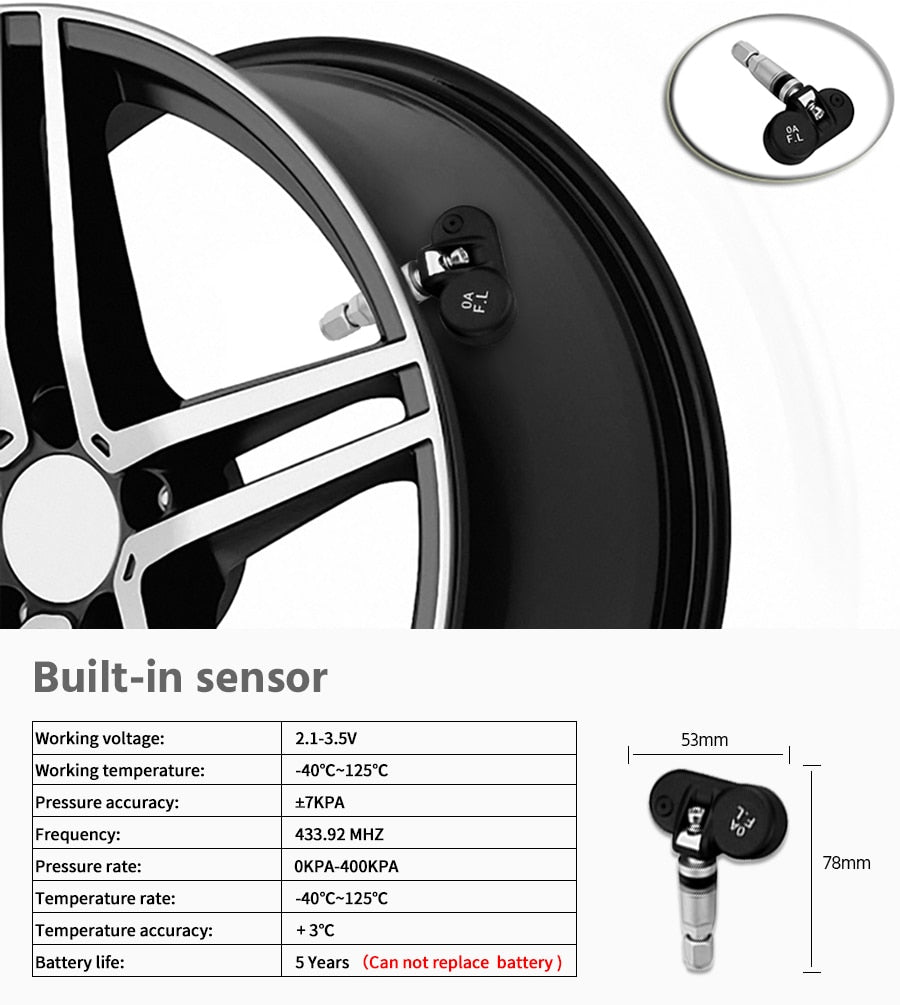 TPMS Tire Monitoring Pressure Display auto Alarm Monitor Solar Power Charging Temperature Warning with 4 sensors - KiwisLove