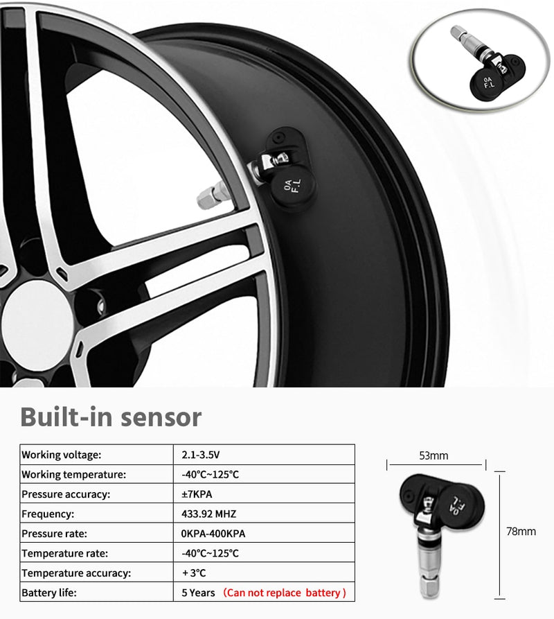 TPMS Tire Monitoring Pressure Display auto Alarm Monitor Solar Power Charging Temperature Warning with 4 sensors - KiwisLove