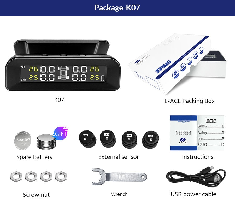 TPMS Tire Monitoring Pressure Display auto Alarm Monitor Solar Power Charging Temperature Warning with 4 sensors - KiwisLove