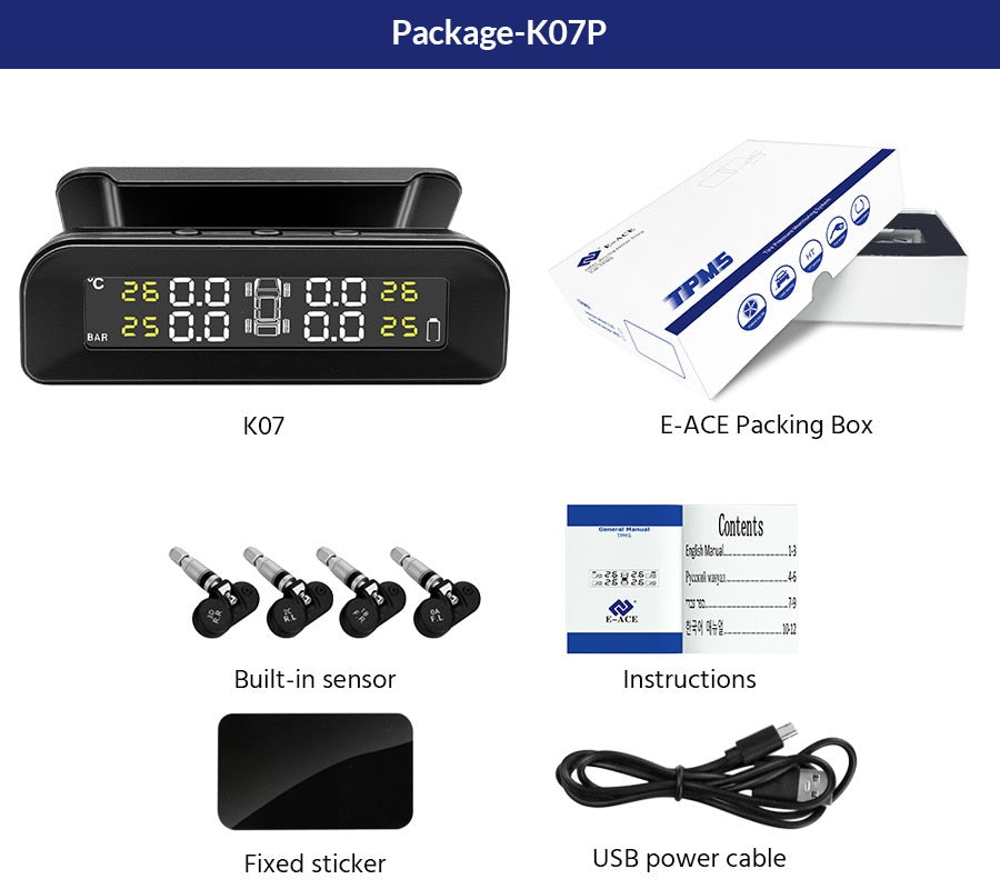 TPMS Tire Monitoring Pressure Display auto Alarm Monitor Solar Power Charging Temperature Warning with 4 sensors - KiwisLove