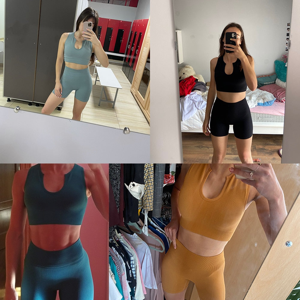 Women Yoga Sets Seamless U Collar Vest Fitness Suits  High Waist Shorts Running Sport - KiwisLove