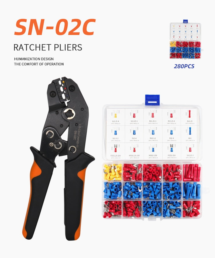 SN-02C mini hand Crimping Tool Adjustable Crimper pliers with 280pcs Cable Lugs - KiwisLove