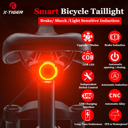X-Tiger Bike Rear Light IPx6 Waterproof LED Charging Bicycle Smart Auto Brake Sensing Light Accessories Bike Taillight Light - KiwisLove