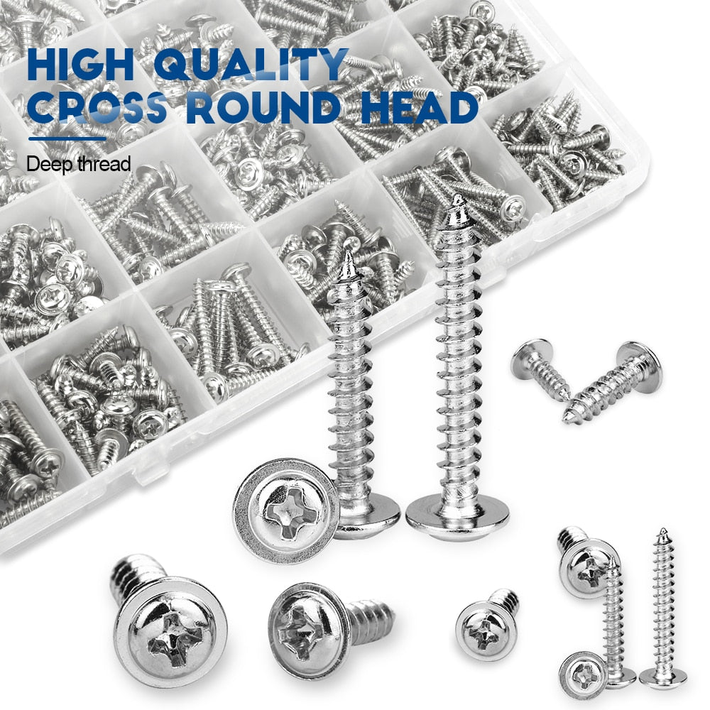 NINDEJIN Round Head Screw Set with Washer Pan Head Phillips Self Tapping - KiwisLove