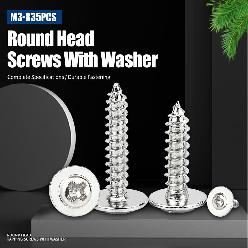 NINDEJIN Round Head Screw Set with Washer Pan Head Phillips Self Tapping - KiwisLove