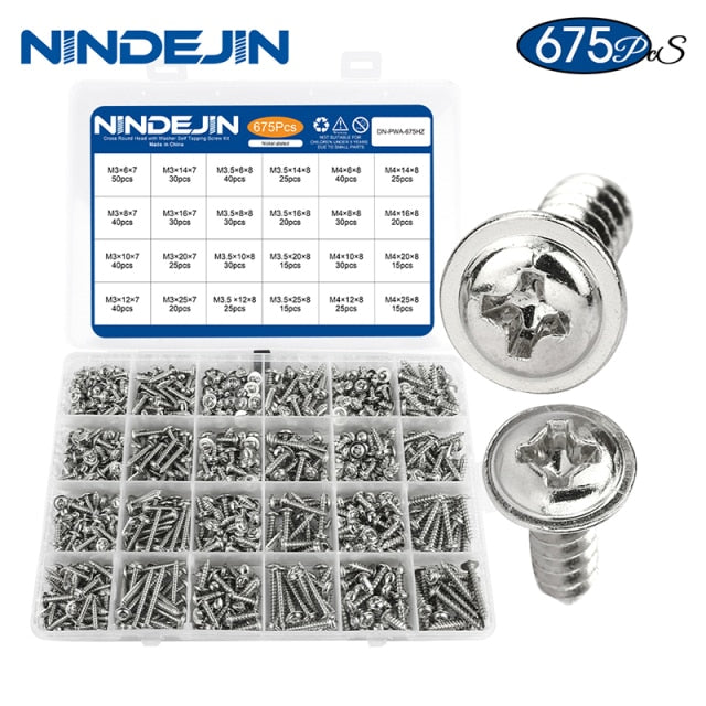 NINDEJIN Round Head Screw Set with Washer Pan Head Phillips Self Tapping - KiwisLove