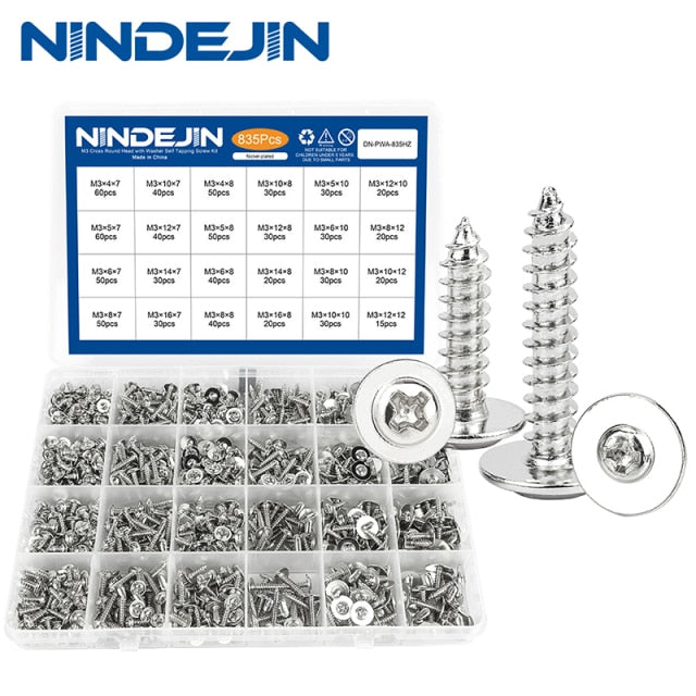NINDEJIN Round Head Screw Set with Washer Pan Head Phillips Self Tapping - KiwisLove