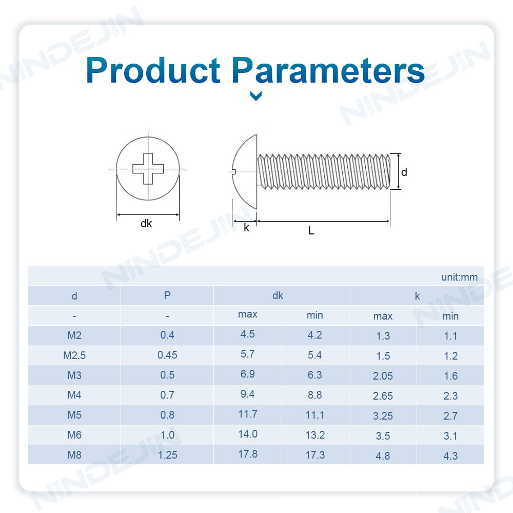 NINDEJIN Truss Round Head Screw Set Stainless Steel Phillips with Nuts - KiwisLove