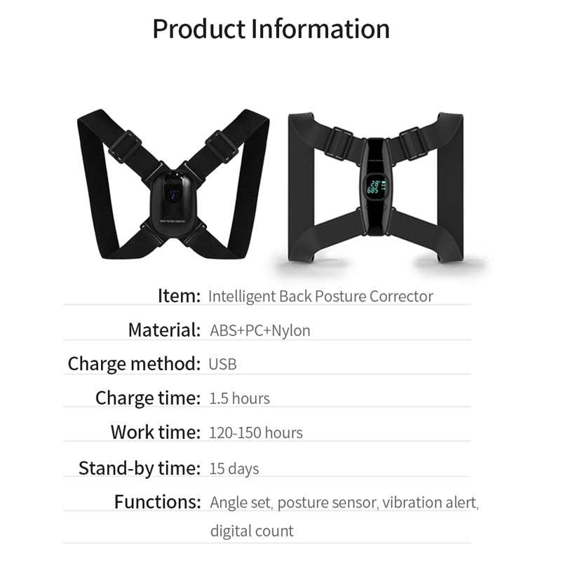 Smart Back Support Back Posture Corrector Intelligent Angle Sensor Vibration Reminder USB Charging LED Screen Children Adults - KiwisLove
