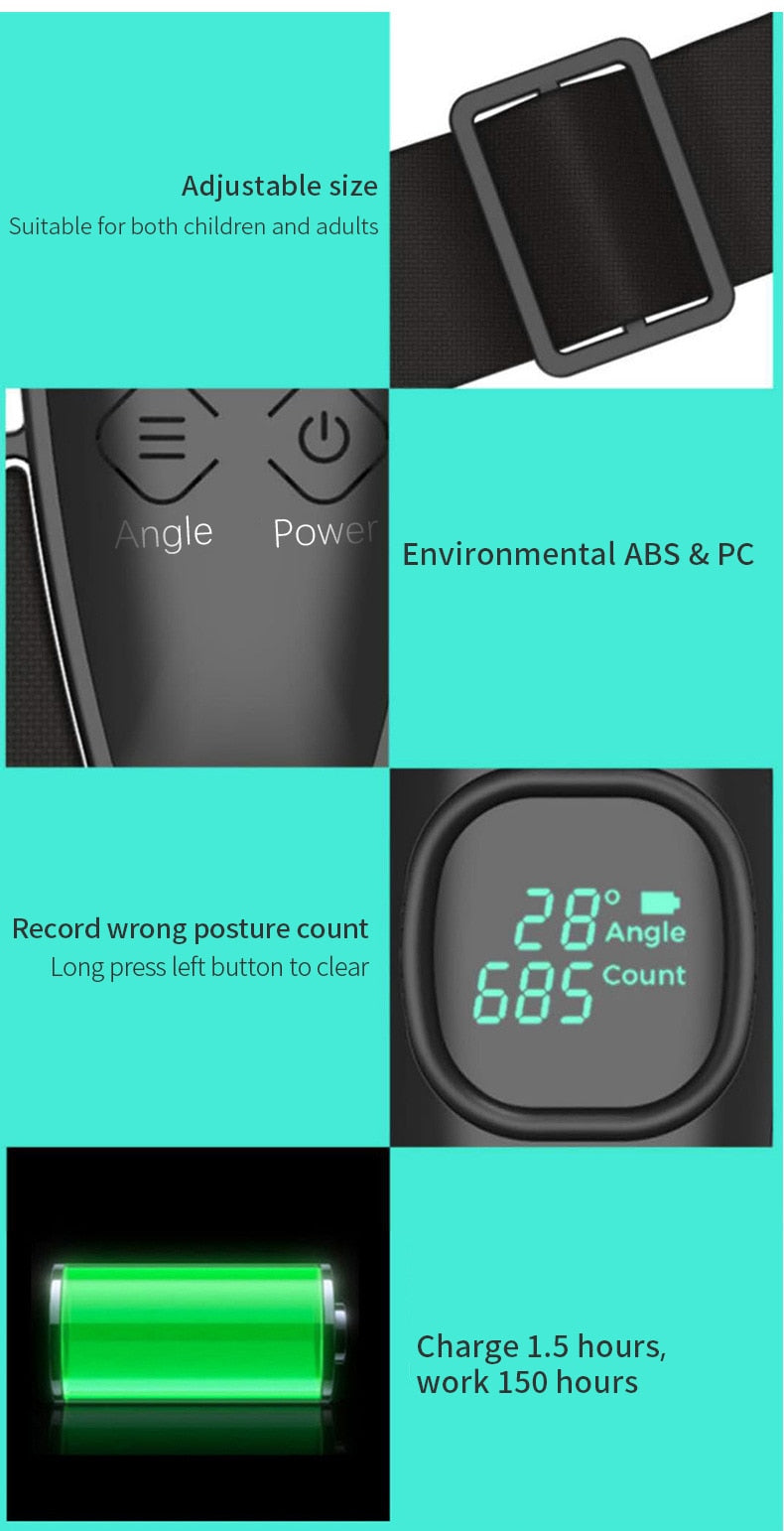 Smart Back Support Back Posture Corrector Intelligent Angle Sensor Vibration Reminder USB Charging LED Screen Children Adults - KiwisLove