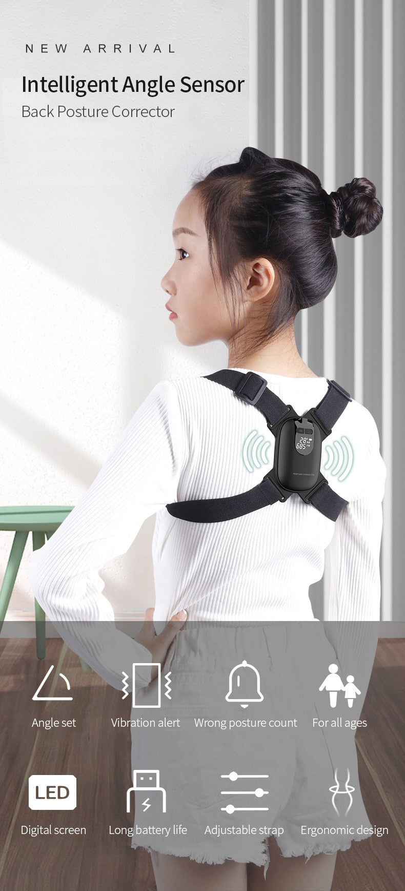 Smart Back Support Back Posture Corrector Intelligent Angle Sensor Vibration Reminder USB Charging LED Screen Children Adults - KiwisLove