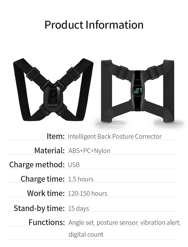 Smart Back Support Back Posture Corrector Intelligent Angle Sensor Vibration Reminder USB Charging LED Screen Children Adults - KiwisLove
