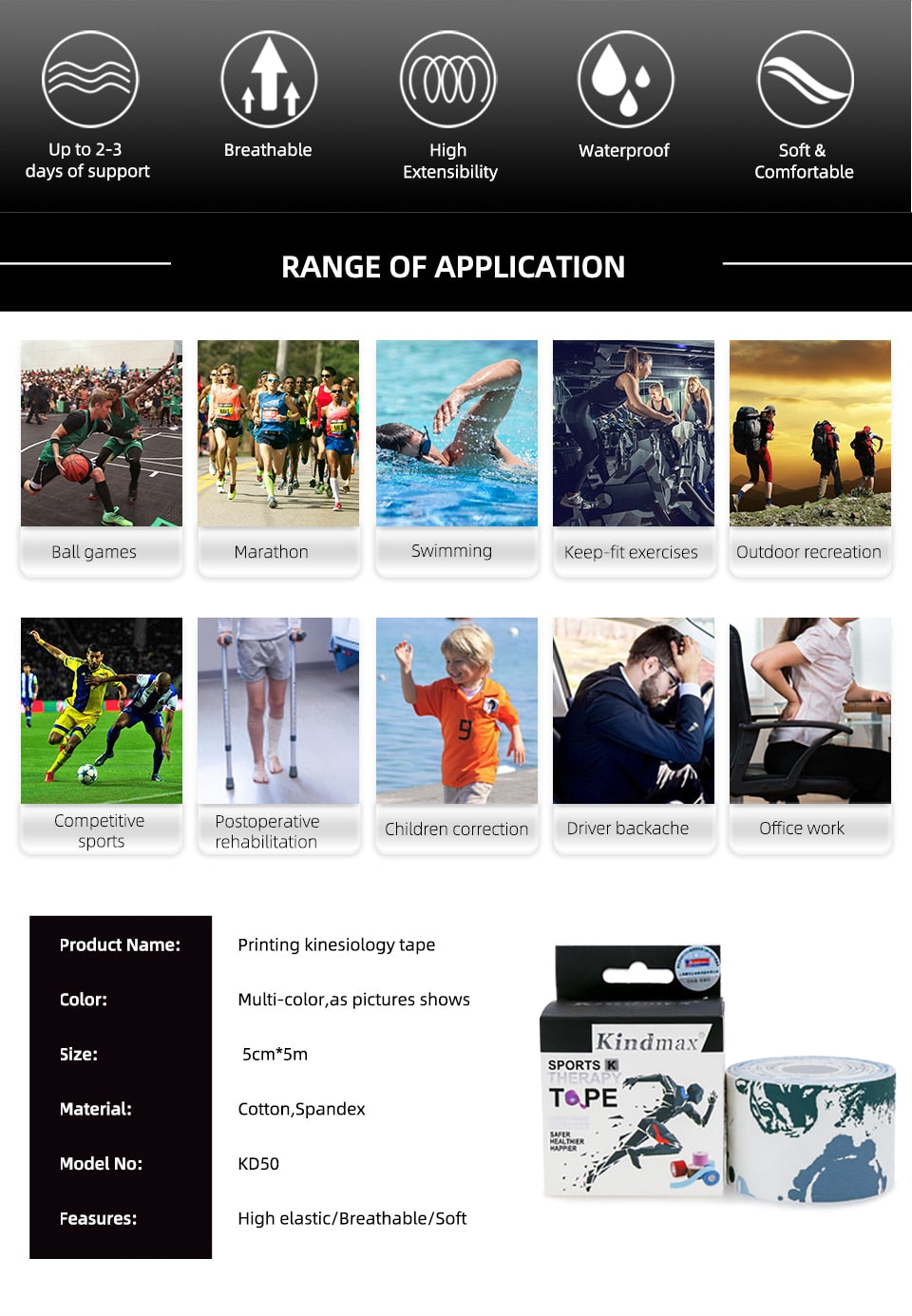 Kindmax New Generation Upgrade Kinesiology Tape in Box for Sports Athletic Recovery Elastic Kneepad Muscle Pain Relief - KiwisLove