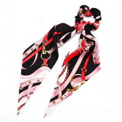 Floral  Bow Satin Long Ribbon Ponytail Scarf Hair Tie Scrunchies - KiwisLove