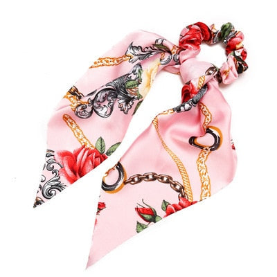 Floral  Bow Satin Long Ribbon Ponytail Scarf Hair Tie Scrunchies - KiwisLove