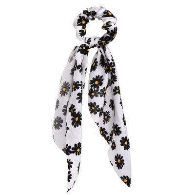 Floral  Bow Satin Long Ribbon Ponytail Scarf Hair Tie Scrunchies - KiwisLove