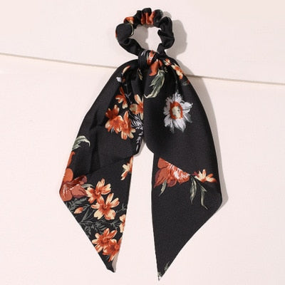 Floral  Bow Satin Long Ribbon Ponytail Scarf Hair Tie Scrunchies - KiwisLove