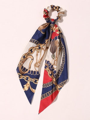 Floral  Bow Satin Long Ribbon Ponytail Scarf Hair Tie Scrunchies - KiwisLove